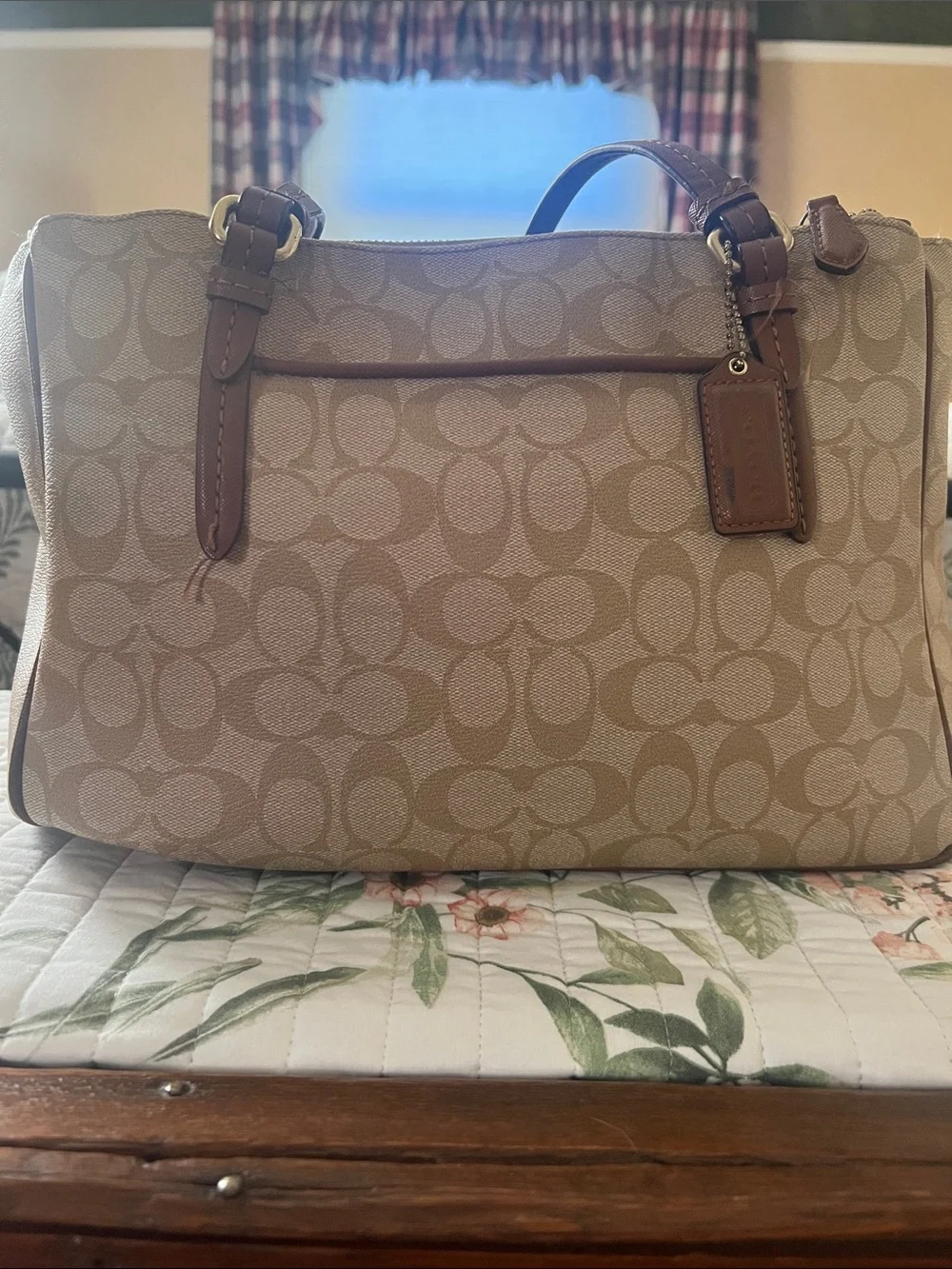 Coach Peyton Khaki and Brown Signature Jordan Double Zip Carry All Tote